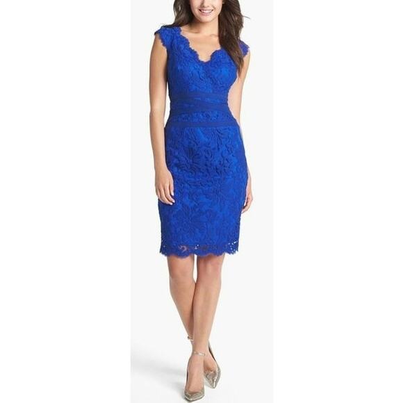 Tadashi Shoji Royal Blue Lace Sleeveless Sheath Cocktail Dress Size 8 Petite - Picture 1 of 10